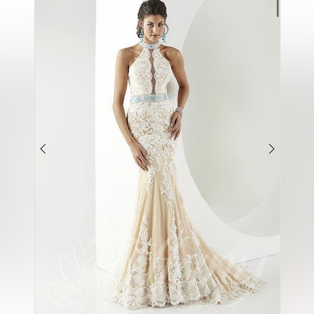 Tiffany Designs Lace Halter Dress with Blue Accents STYLE #16150